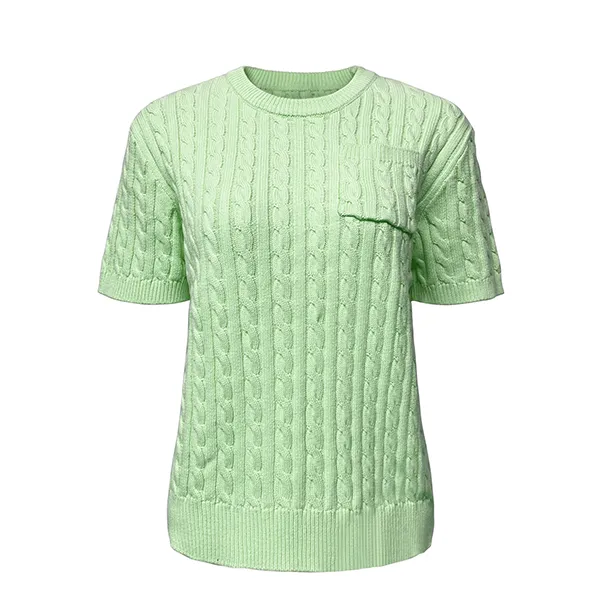 cable knit short sleeve crewneck pullover chest pocket green