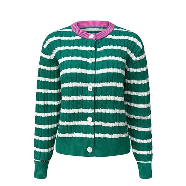 green striped cable knit button up cardigan contrast collar
