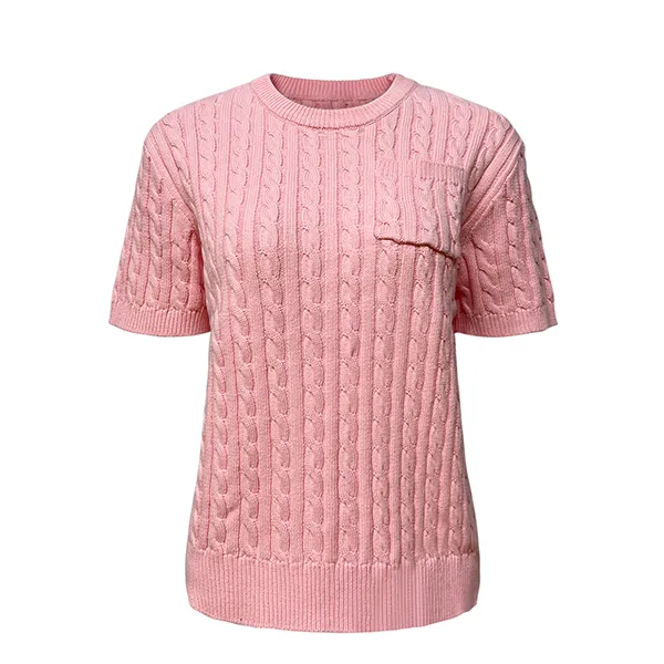 cable knit short sleeve crewneck pullover chest pocket