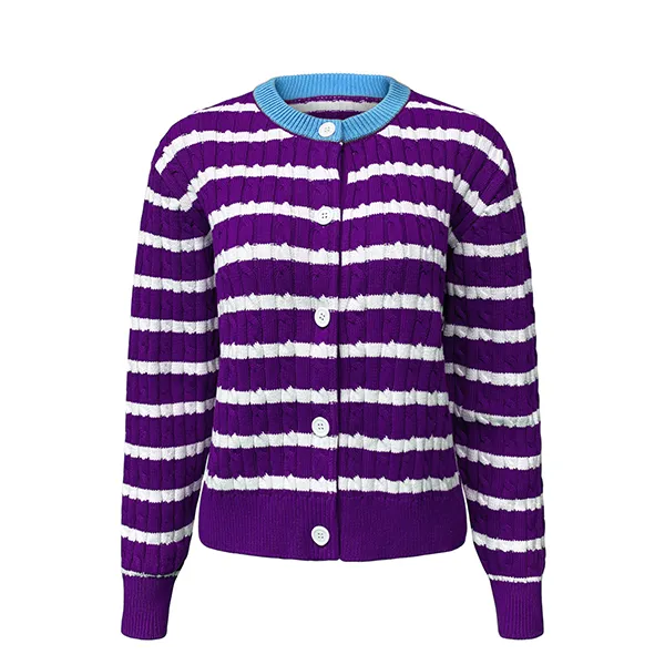 purple striped cable knit button up cardigan contrast collar