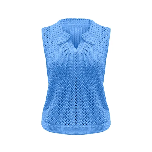 textured pointelle knit sleeveless polo vest blue