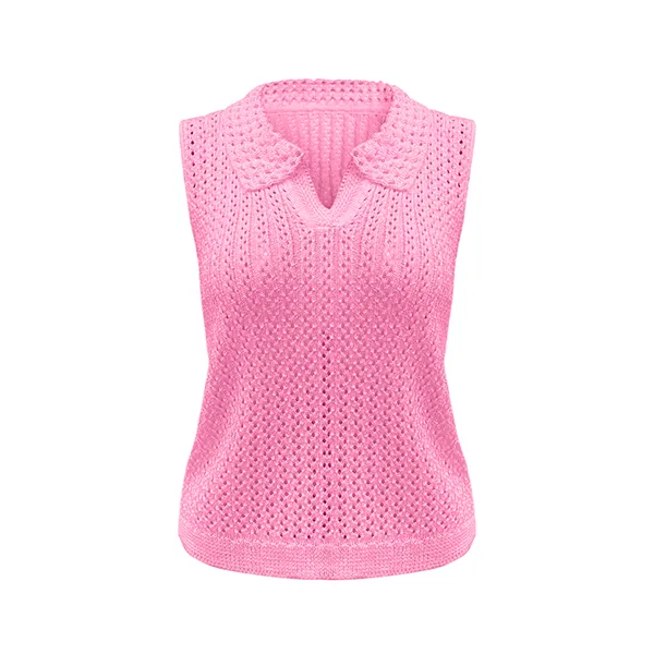 textured pointelle knit sleeveless polo vest pink