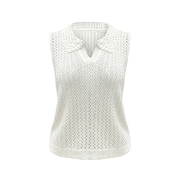 textured pointelle knit sleeveless polo vest white