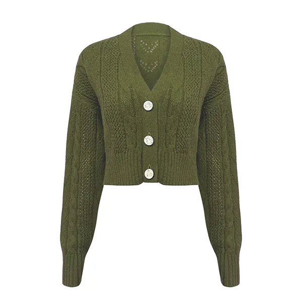 cable knit cropped cardigan v neck pointelle light green