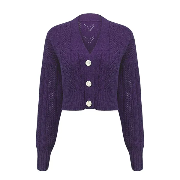 cable knit cropped cardigan v neck pointelle purple