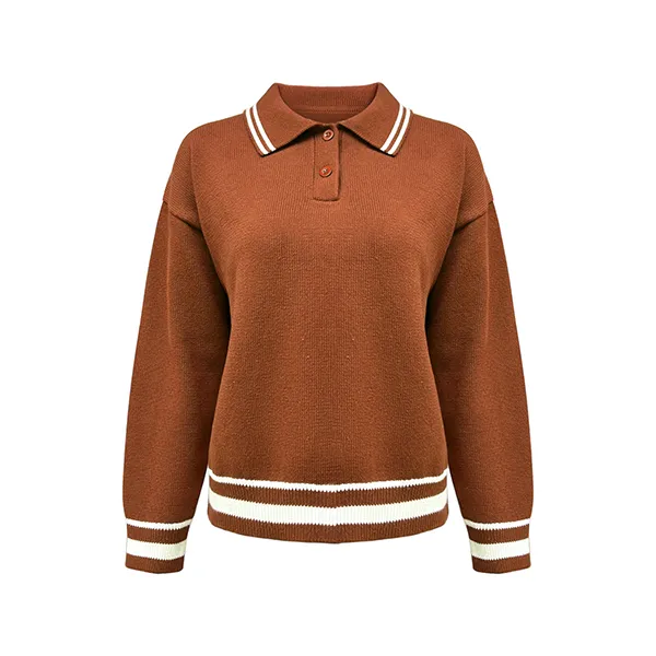knitted drop shoulder polo pullover striped trim brown