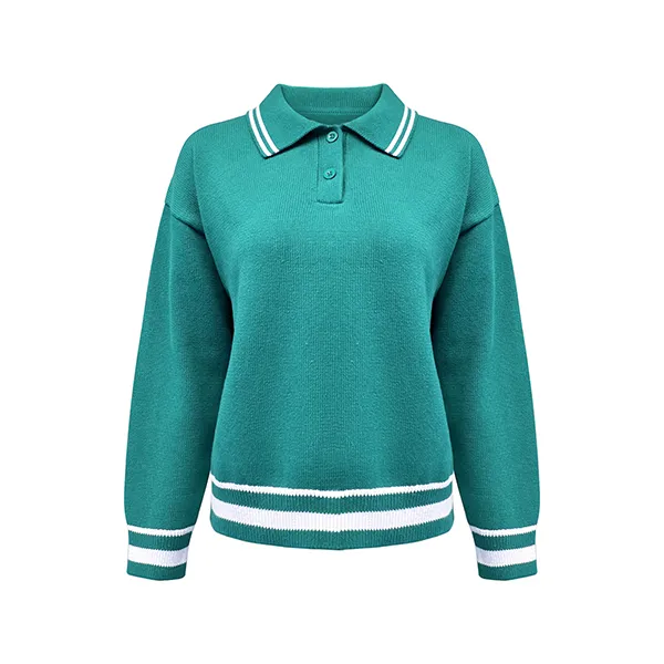 knitted drop shoulder polo pullover striped trim cyan