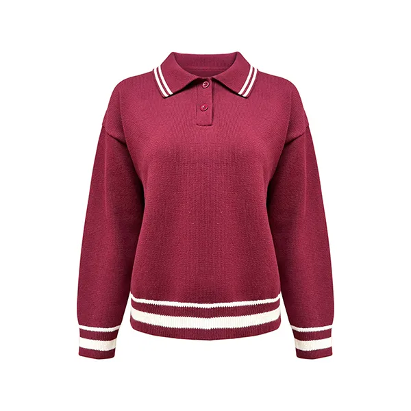 knitted drop shoulder polo pullover striped trim