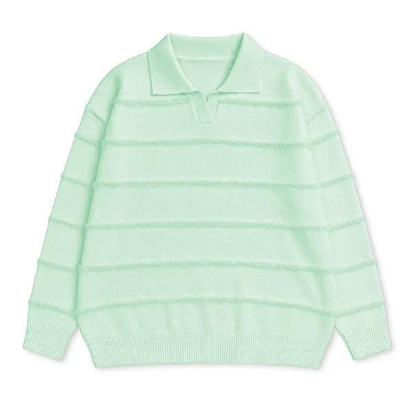 knitted polo pullover drop shoulder stripe vent hem green