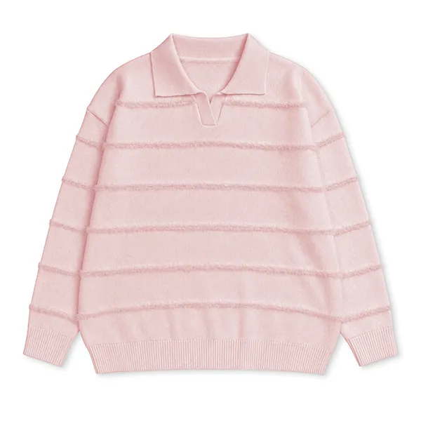 knitted polo pullover drop shoulder stripe vent hem pink