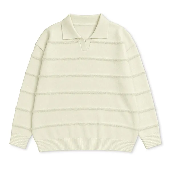 knitted polo pullover drop shoulder stripe vent hem white