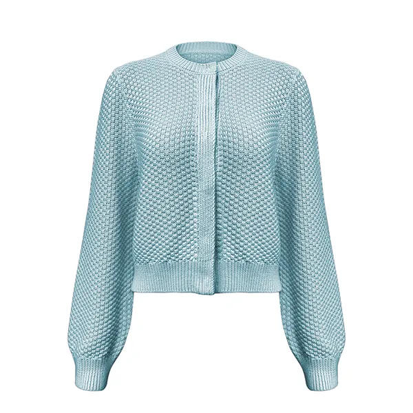 blue textured knit hidden placket cropped cardigan balloon sleeve