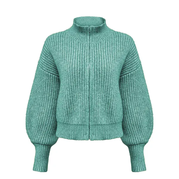 cyan chunky ribbed knit full zip mock neck cardigan