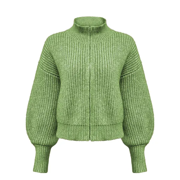 green chunky ribbed knit full zip mock neck cardigan