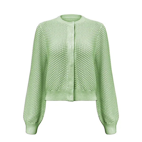 green textured knit hidden placket cropped cardigan balloon sleeve