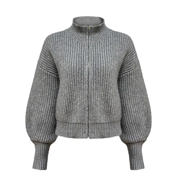 chunky ribbed knit full zip mock neck cardigan