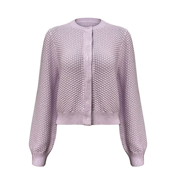 textured knit hidden placket cropped cardigan balloon sleeve