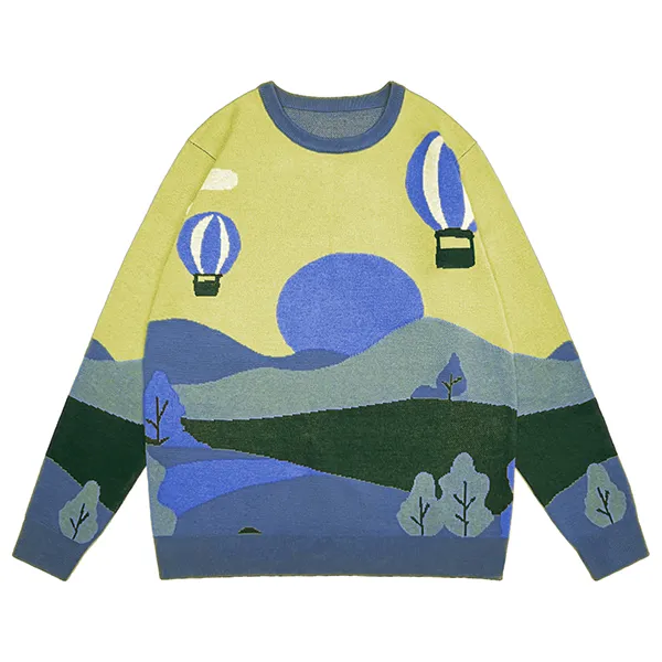 blue drop shoulder landscape jacquard knit pullover