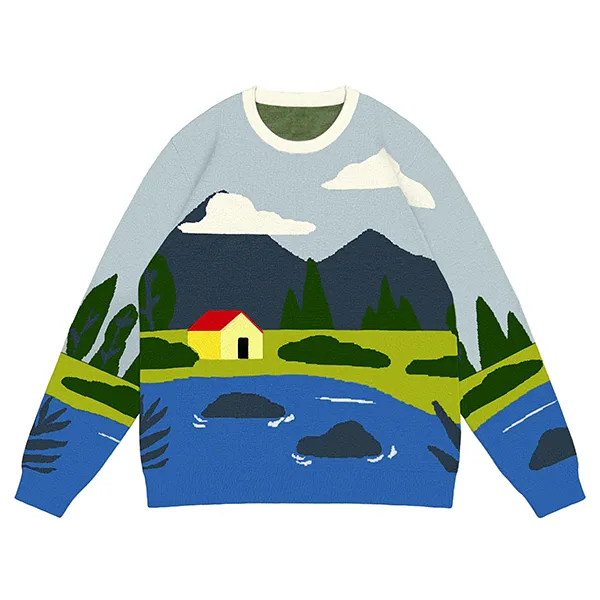 scenic landscape knit drop shoulder pullover