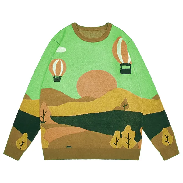 brown drop shoulder landscape jacquard knit pullover