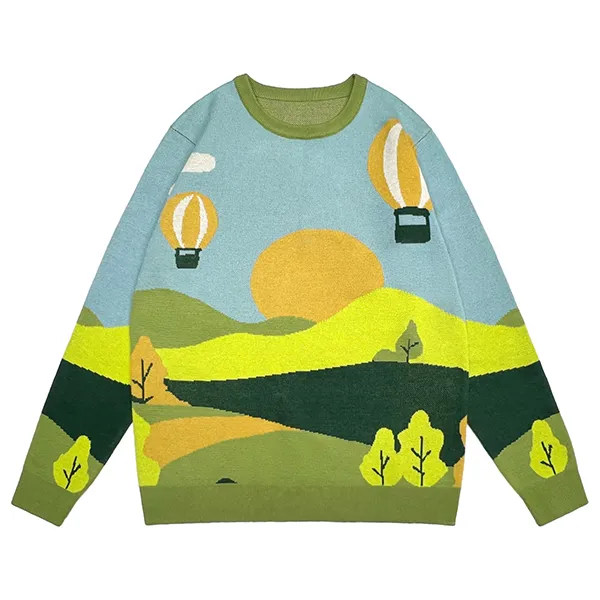 drop shoulder landscape jacquard knit pullover