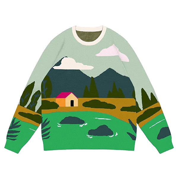 green scenic landscape knit drop shoulder pullover