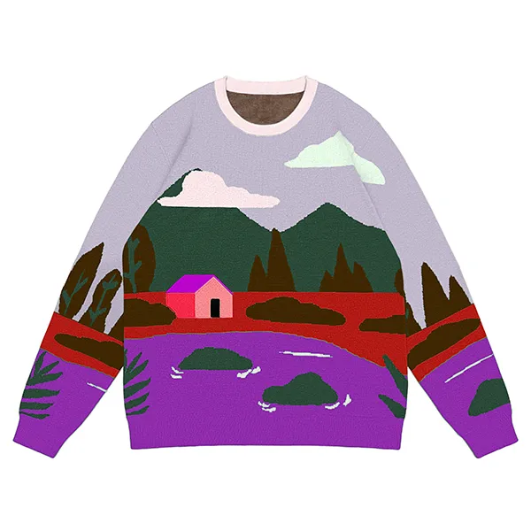 purple scenic landscape knit drop shoulder pullover