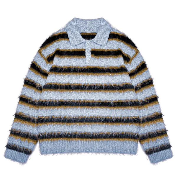 blue fuzzy striped knit polo pullover drop shoulder
