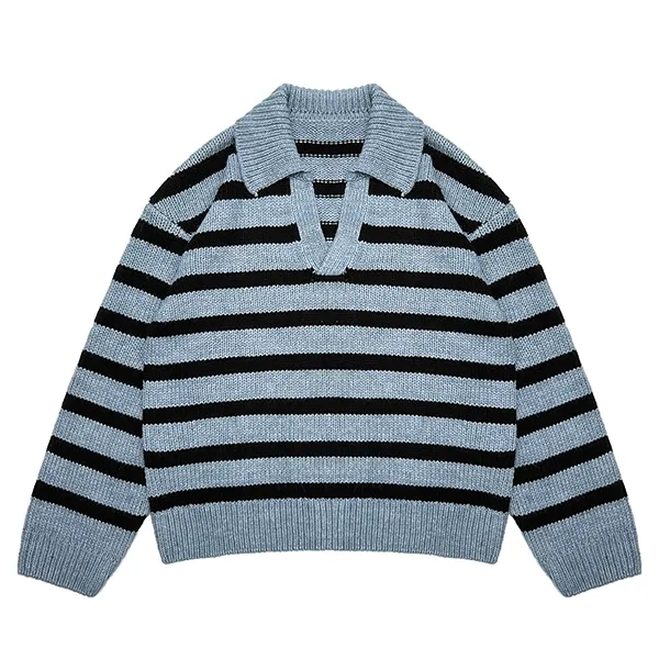 blue relaxed horizontal stripe knit open placket polo