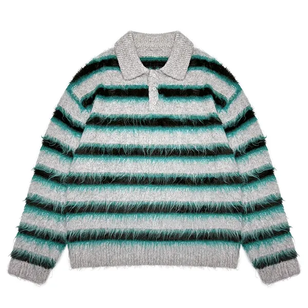 cyan fuzzy striped knit polo pullover drop shoulder