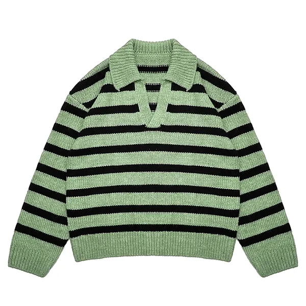 green relaxed horizontal stripe knit open placket polo