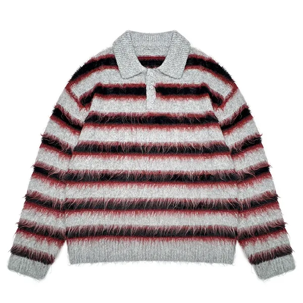 fuzzy striped knit polo pullover drop shoulder