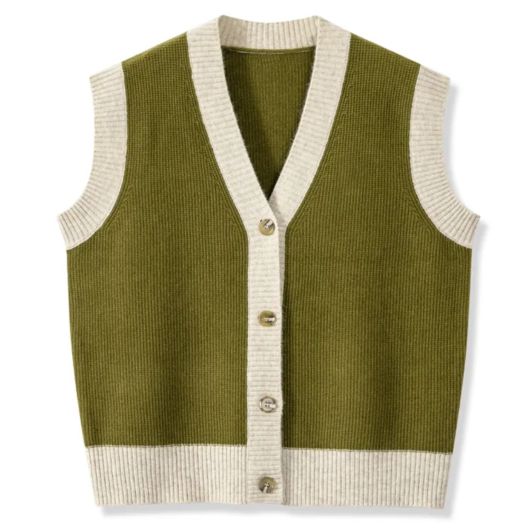 color blocked v neck cardigan vest green
