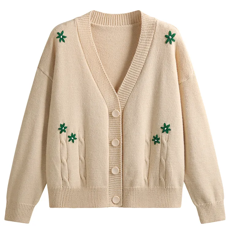 floral embroidered v neck cardigan sweater beige