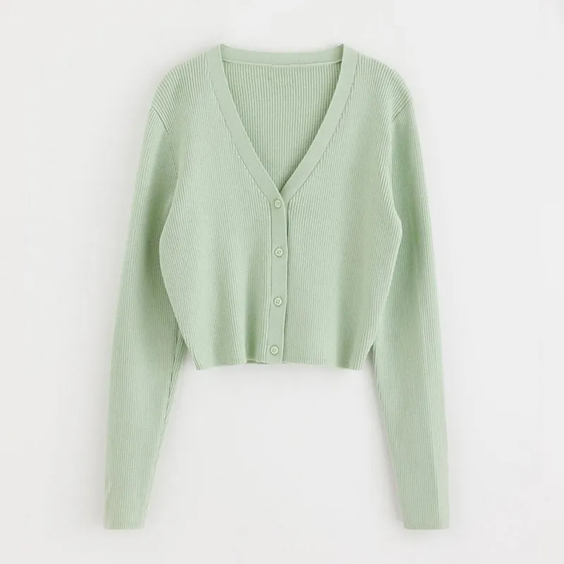kids cropped rib knit v neck cardigan green
