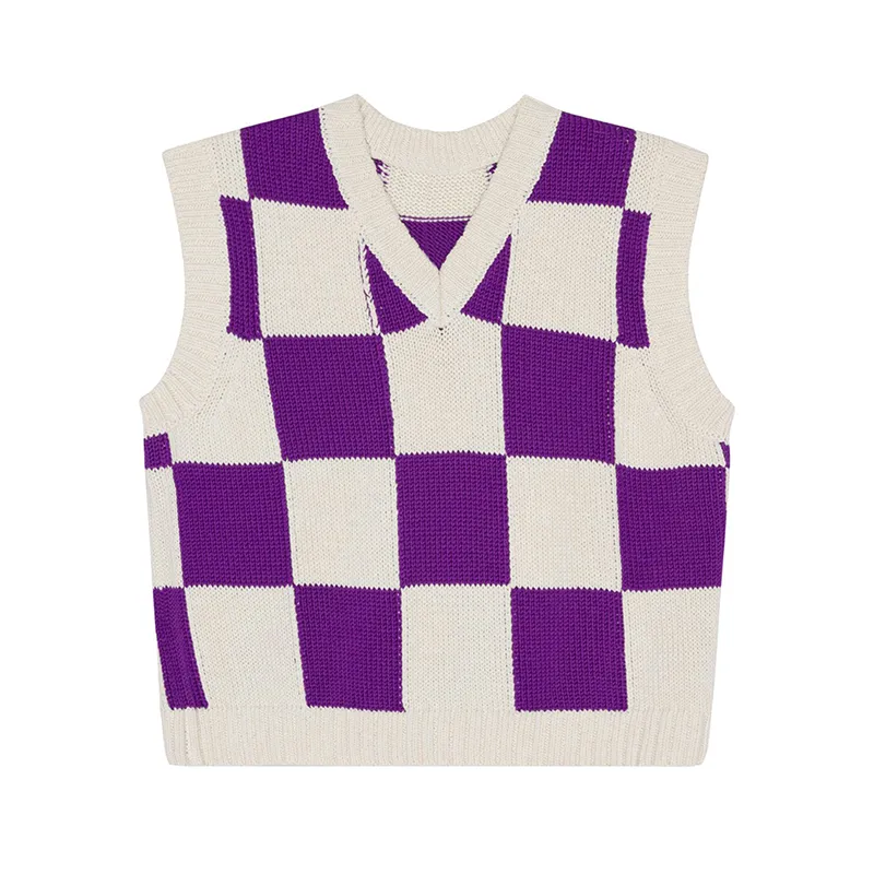 kids intarsia checkerboard sweater vest purple