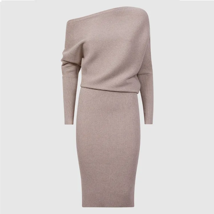 off shoulder ribbed knit sweater dress beige
