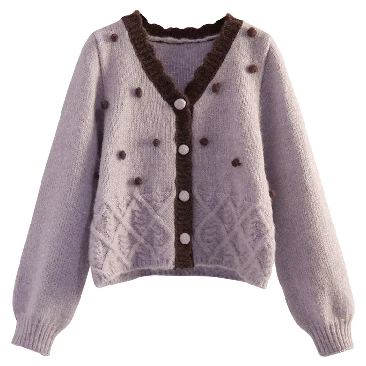 pom pom cable knit cardigan v neck sweater purple