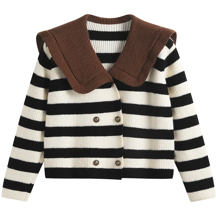 sailor collar striped double breasted cardigan black and white