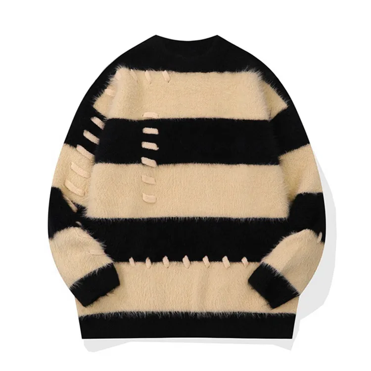 striped fuzzy grunge pullover sweater beige