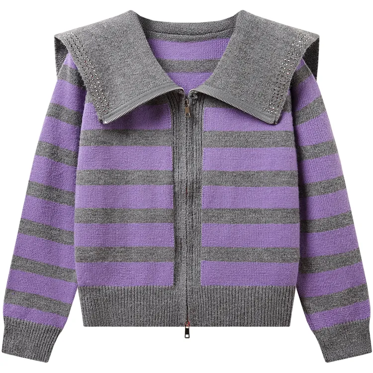 striped sailor collar zip up knit jacket purple