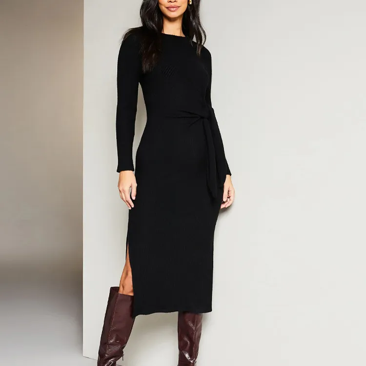 v neck wrap ribbed knit midi dress black