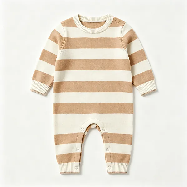 striped knit baby romper shoulder snap closure beige