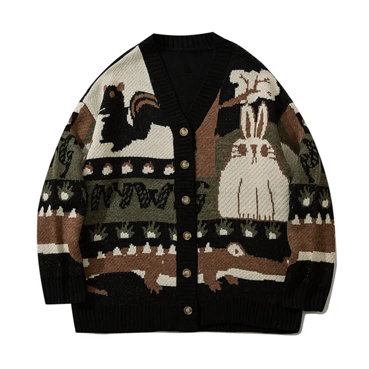 mens vintage animal jacquard knit cardigan black