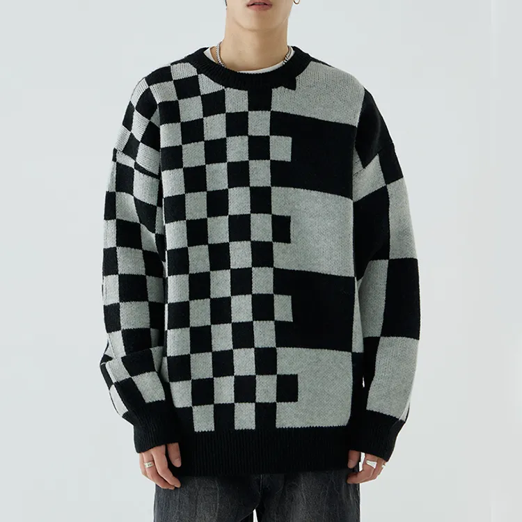 mens geometric checkerboard jacquard sweater black