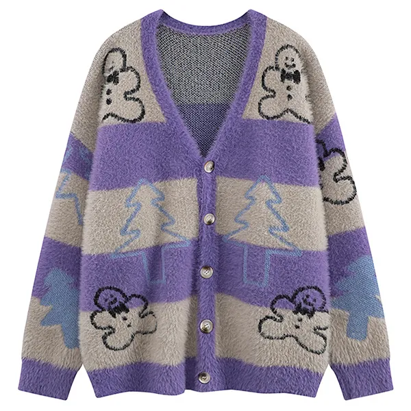 fuzzy gingerbread christmas cardigan purple