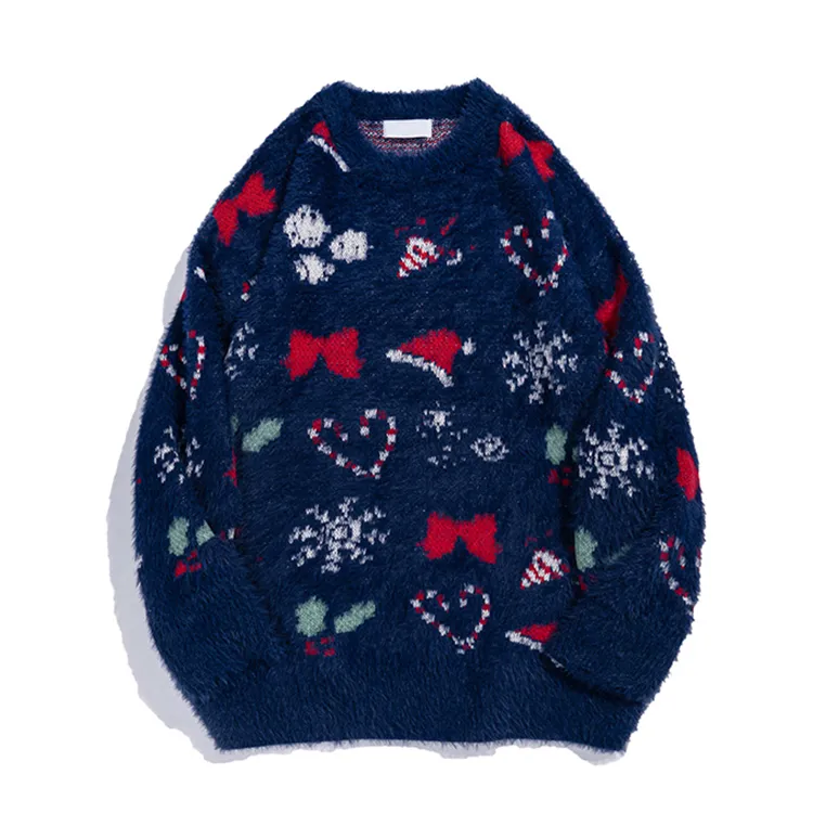 fuzzy holiday graphic knit sweater blue