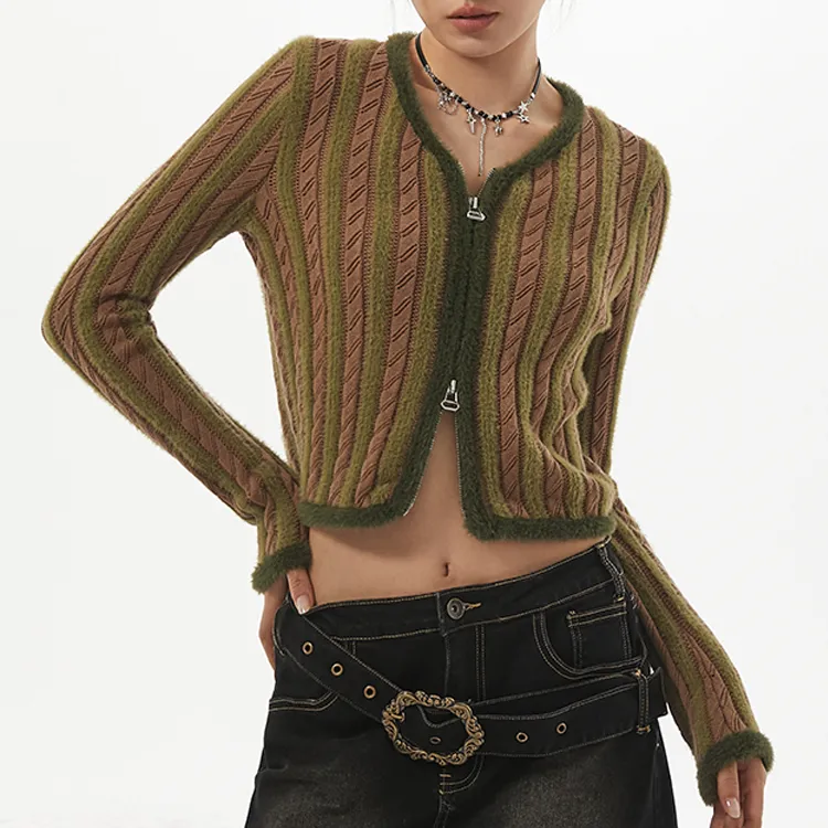 fuzzy striped zip up knit jacket green