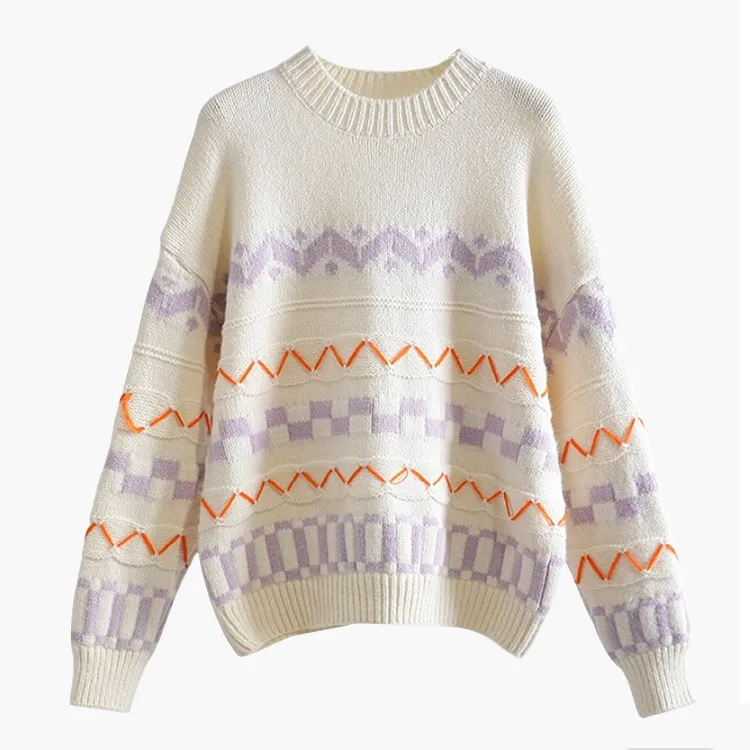 geometric patterned jacquard knit sweater beige