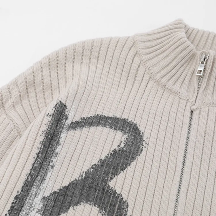 graphic ribbed zip up knit jacket knitting details